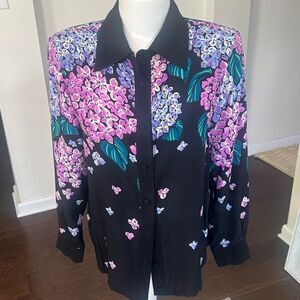 Bob Mackie Wearable Art Black Floral Silk Button-Up Blouse XS